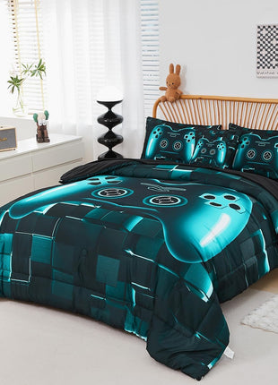 Twin Size 6-Piece Gamer Bedding Set in Teal Blue with 3D Gamepad Design for Boys and Teens