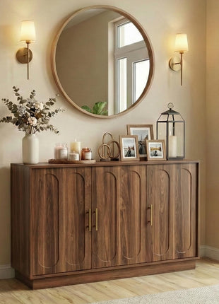 46.6" Modern Farmhouse 3-Door Storage Cabinet, Rustic Brown Sideboard Buffet with Gold Accents, Spacious Fluted Wood Credenza for Dining and Living Spaces, Coffee Bar