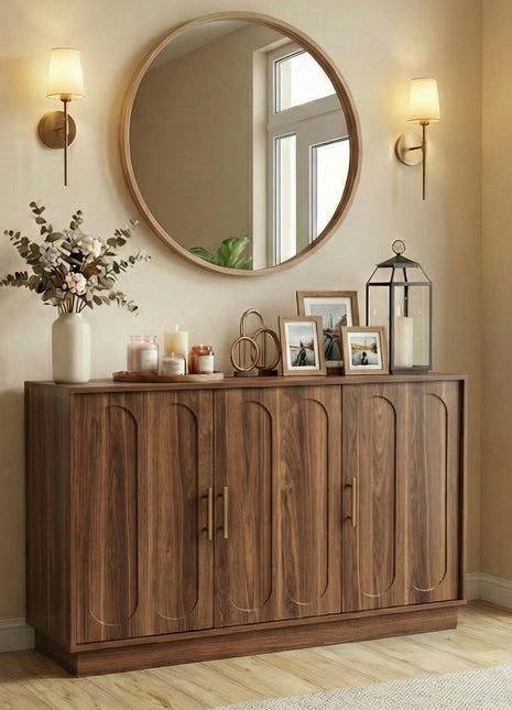 46.6" Modern Farmhouse 3-Door Storage Cabinet, Rustic Brown Sideboard Buffet with Gold Accents, Spacious Fluted Wood Credenza for Dining and Living Spaces, Coffee Bar