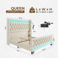 Queen Bed Frame with LED Light and Charging Station, Upholstered High Headboard and Footboard, Wood Slats, Noise Free, Easy Assembly, Beige