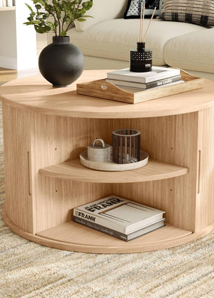 31.5" Round Drum Coffee Table with Sliding Tambour Door, Fluted Accent Design, and Storage in Mid-Century Modern Style, Oak Finish for Living Room