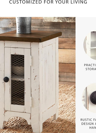 Wystfield Farmhouse Chairside End Table with Storage Cabinet in Distressed White and Brown Finish by Signature Design by Ashley