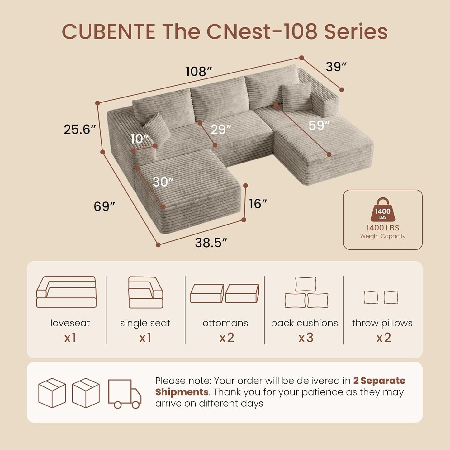 Modular Sectional Sofa | 108" Cloud Couch with Cozy Textured Corduroy,U-Shaped Boneless Couch Pit Sofa,High-Density Foam Convertible Floor Couch for Home,1400Lbs Support | Oat Beige | 2 Manageable Boxes