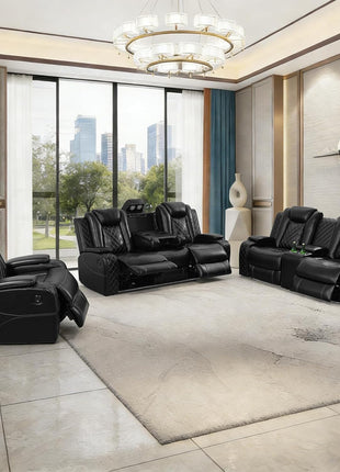 3-Piece Modern Leather Power Recliner Sofa Set for Living Room with USB Ports, LED Ambient Lighting, and Storage Console in Black