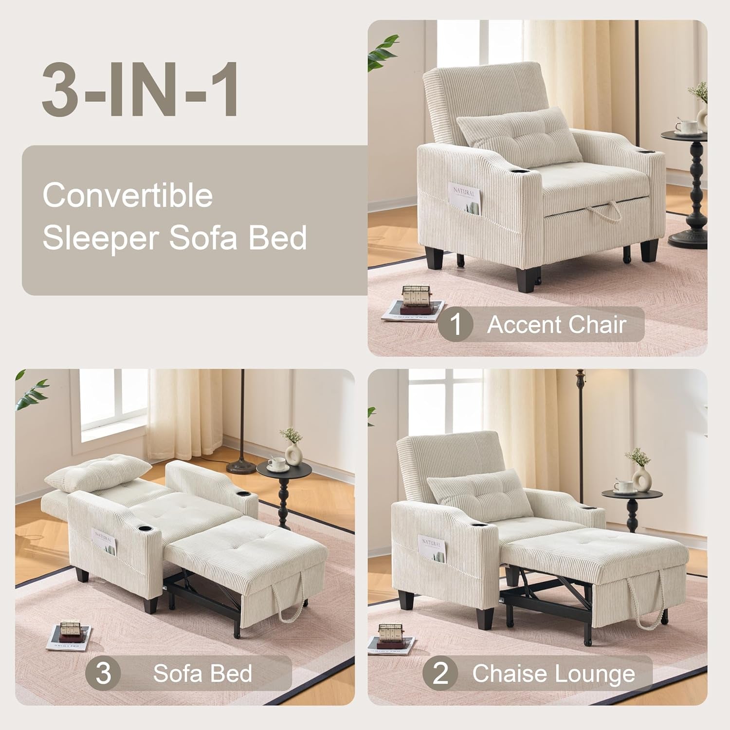 Convertible Sleeper Chair, 3 in 1 Sleeper Chair Bed Pull Out Sofa Bed Chair, Corduroy Single Sofa Bed Adjustable Backrest Chair Bed Sleeper for Adults Reading Living Room,Beige