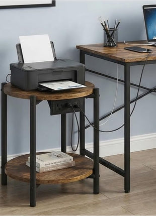 Round End Table with Integrated Charging Station, 15.8" Industrial 2-Tier Nightstand for Compact Spaces, Rustic Brown Finish, 77 lbs Load Capacity