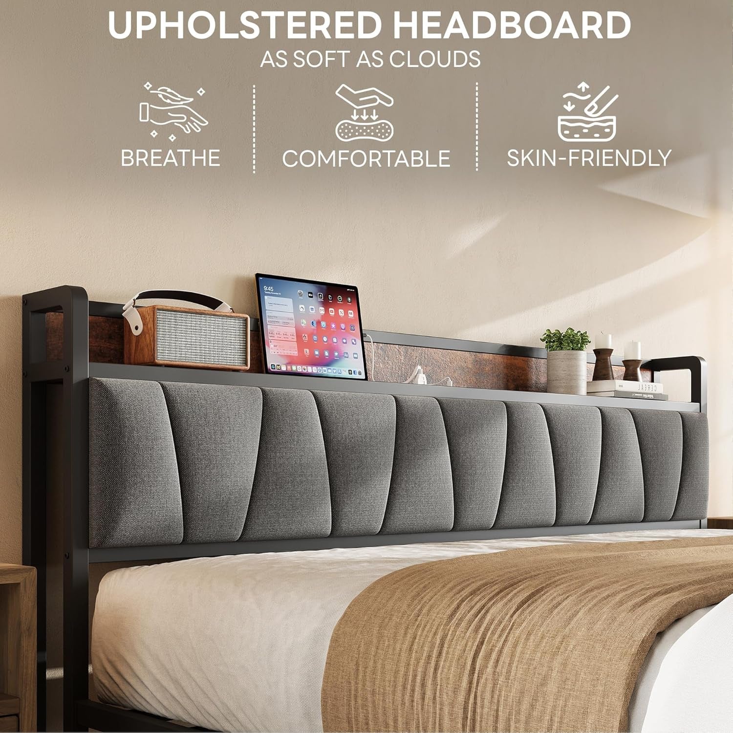 King Size Bed Frame, Storage Headboard with Charging Station, Solid and Stable, Noise Free, No Box Spring Needed, Easy Assembly