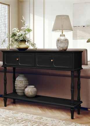 Mid-Century Modern Console Table with Drawers and Open Shelf for Entryway, Living Room, Foyer, and Hallway - Sleek Black Design