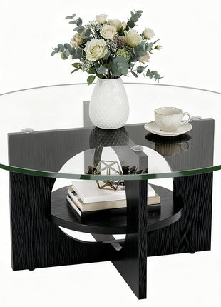Contemporary Round Coffee Table with Dual-Tier Glass Design and Storage, Versatile Centerpiece for Living Room, Office, and Lounge, Black