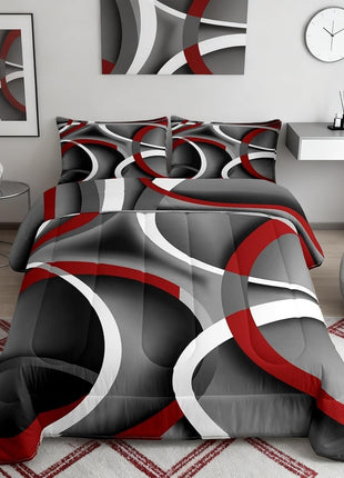 Queen Stripes Comforter Set for Kids and Teens - Gray, Black, and Red Abstract Design, Soft Lightweight Modern Duvet with 1 Comforter and 2 Pillowcases