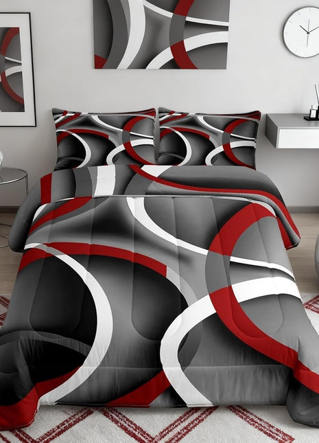 Queen Stripes Comforter Set for Kids and Teens - Gray, Black, and Red Abstract Design, Soft Lightweight Modern Duvet with 1 Comforter and 2 Pillowcases