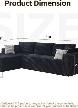 108" Modular Sectional Sofa with Oversized Chaise - L-Shaped Cloud Couch in Plush Corduroy Black, Featuring High-Density Memory Foam and a Deep Seat, No Assembly Required