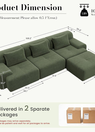 108-Inch Modular Boneless Cloud Sectional Sofa: L-Shaped Design with Ottoman and Three Decorative Pillows for Ultimate Comfort