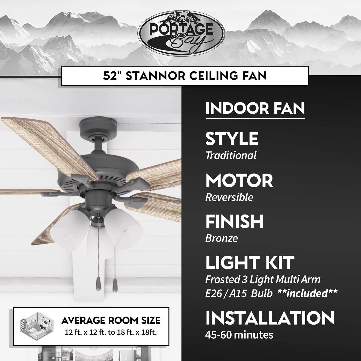 Ceiling Stannor 52" Bronze Indoor Fan with Frosted 3 Light LED Multi Arm E26/A15 Bulb and Pull-Chains, Traditional Style, 5 Reversible Barnwood/Northern Ebony Blades, 51434
