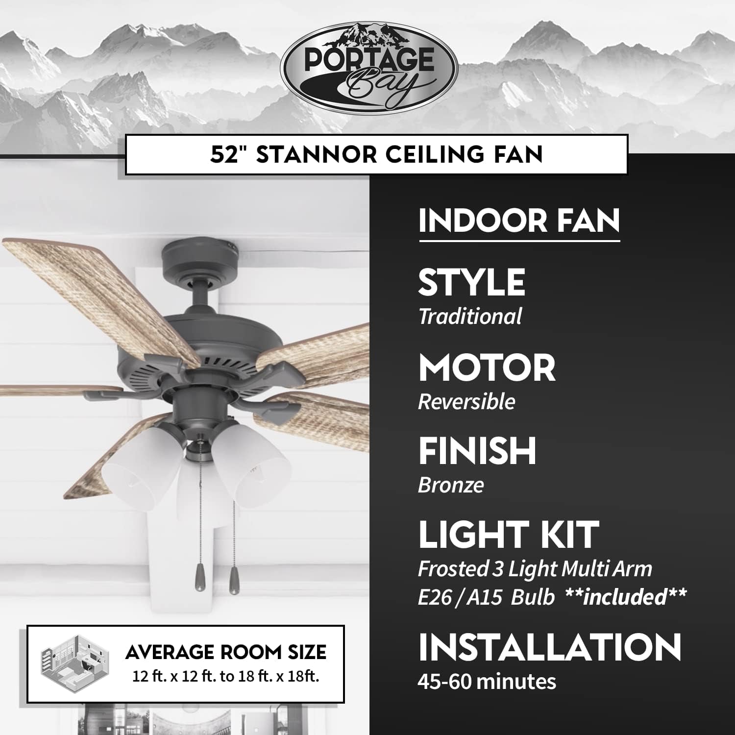 Ceiling Stannor 52" Bronze Indoor Fan with Frosted 3 Light LED Multi Arm E26/A15 Bulb and Pull-Chains, Traditional Style, 5 Reversible Barnwood/Northern Ebony Blades, 51434