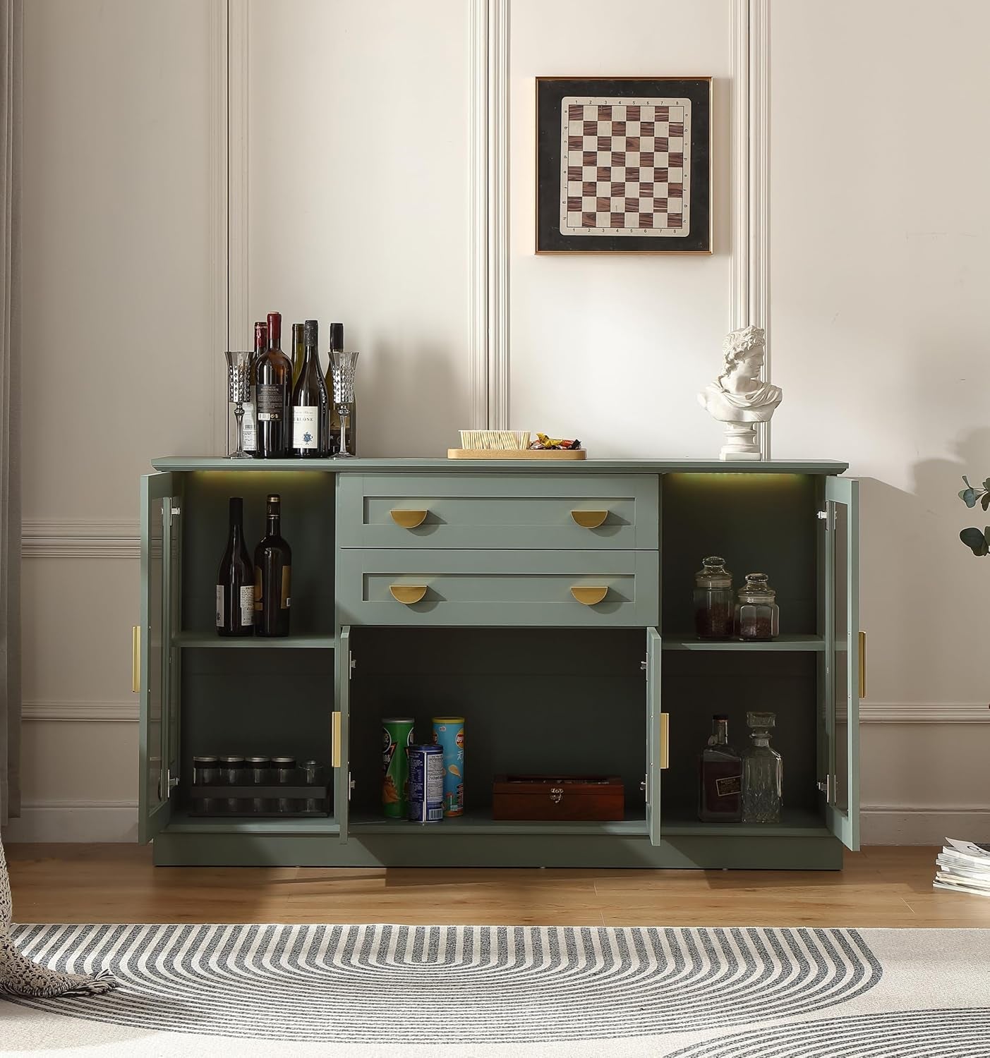 58.27'' Buffet Cabinet with 2 Drawers and Adjustable Shelves,Large Glass Door Coffee Bar Cabinet,Modern Farmhouse Sideboard Credenza for Kitchen,Green