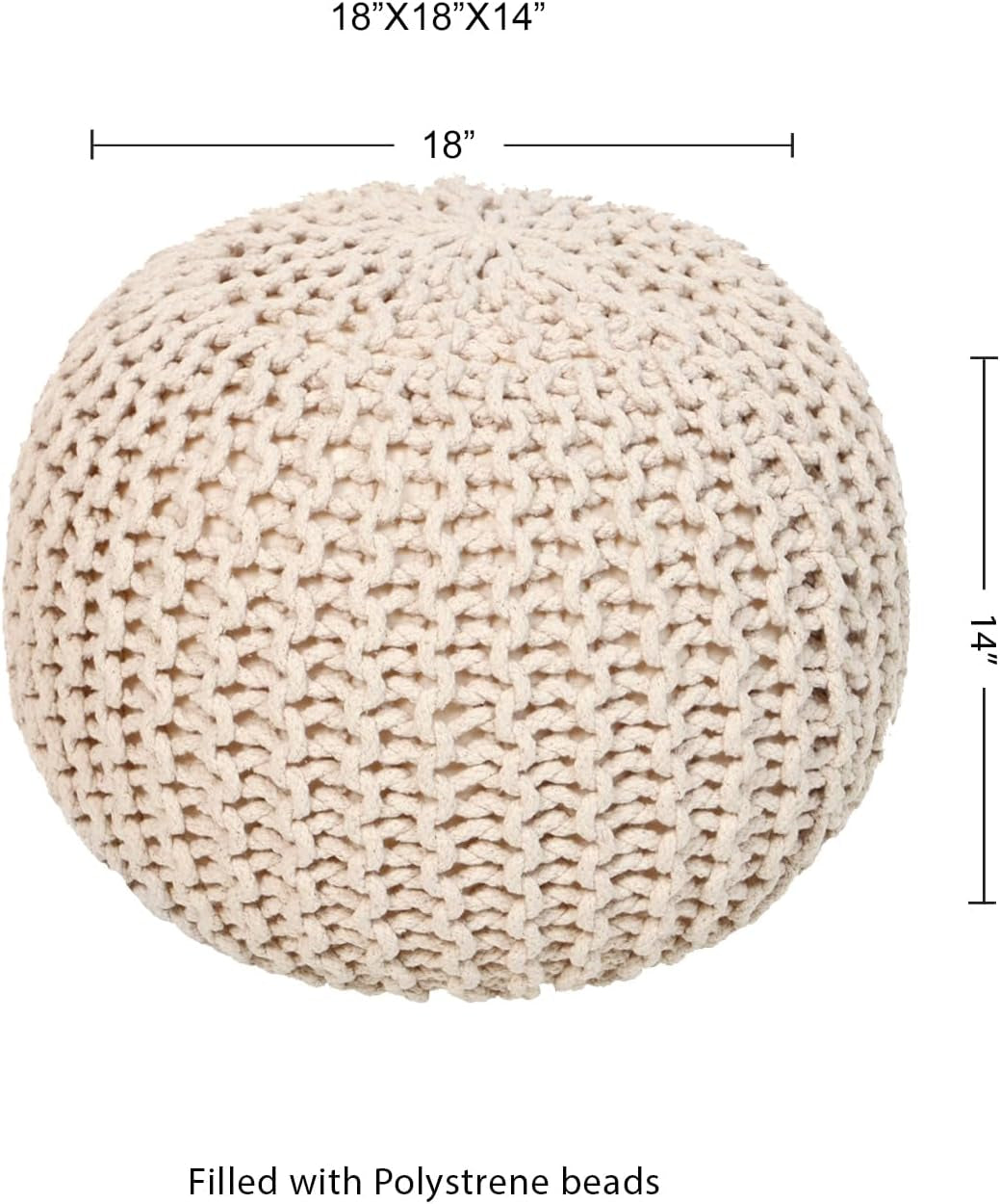 · round Pouf Ottoman - Cable Knitted Boho Poof - Home Décor Cord Pouffe Handmade Circular Footrest for Living Room - Bedroom - Kids Bedroom - 100% Cotton Pouf (18" X 18" X 14") - Ivory
