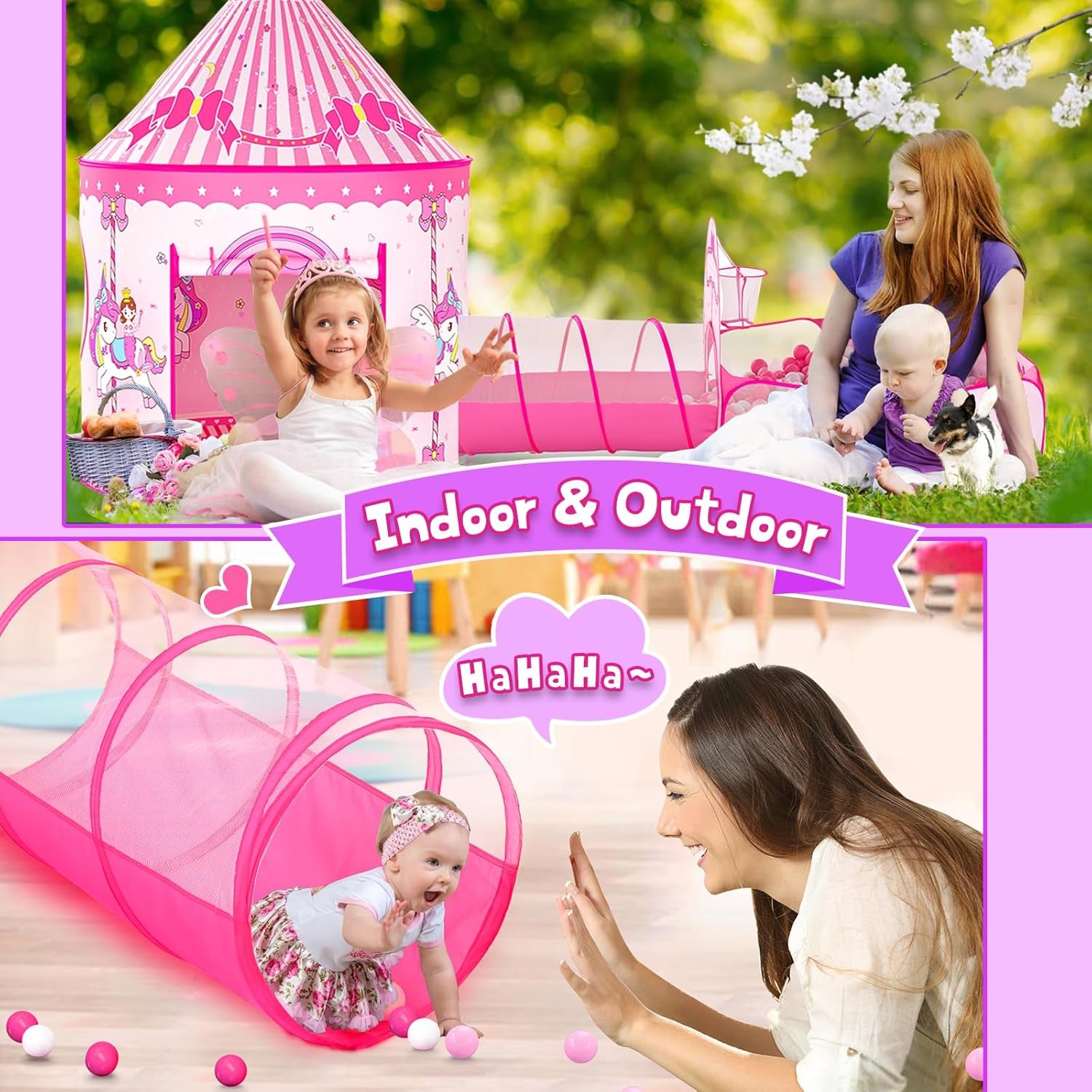 3 in 1 Girls Princess Play Tent for Kids: Pop up Toddlers Playhouse with Baby Crawl Tunnel, Ball Pit and Castle Tent - Pink Children Play Tent Toys Indoor and Outdoor Game for Birthday Gift
