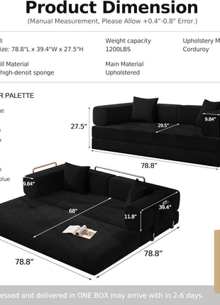 78.8-Inch Convertible Sleeper Sofa - Modular Black Corduroy Couch with Armrest Pillow, No Assembly Required