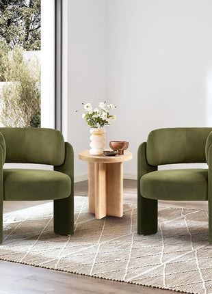 Set of 2 Contemporary Velvet Upholstered Barrel Accent Chairs, Comfortable Side Arm Chairs with Three Legs for Living Room and Bedroom, Green