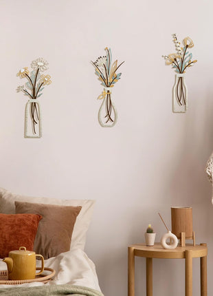 Set of 3 Rustic Metal Flower Wall Art - Minimalist Decor for Living Room, Bathroom, Bedroom, and Dining Room, Perfect for Housewarming and Christmas Gifts (Beige, Vase-C)