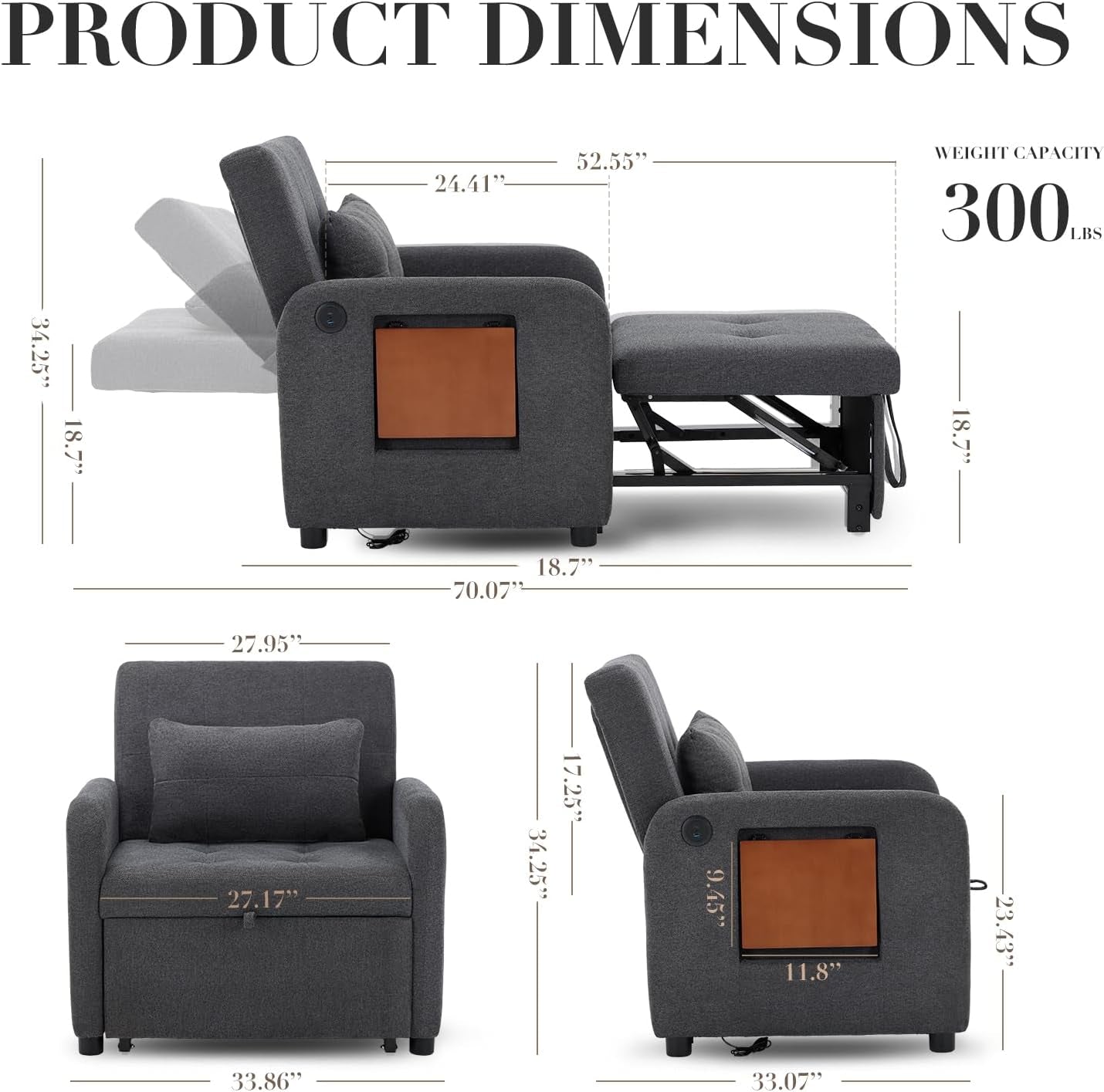 Convertible Sleeper Chair-Fabric Futon Sofa Bed, Single Sleeper Sofa, Small Couch Bed with USB Port, Foldable Table, Pillow, Adjustable Backrest for Dorm/Bedroom/College Darkgrey