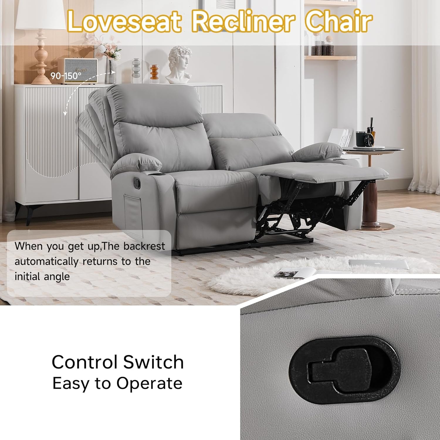 Reclining Loveseat Double Recliner Couch, Anti-Scratch RV 2 Seater Wall Hugger Recliner Chair Set for Living Room, RV, Home Theater(Loveseat, Gray)