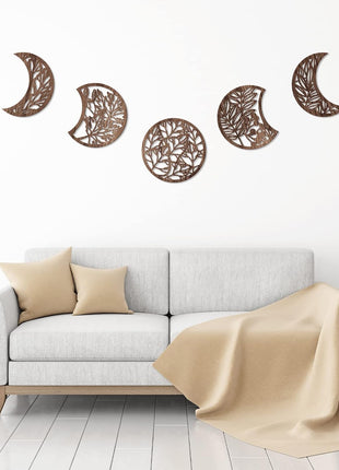 Moon Phase Wooden Wall Art Set of 5 - Nordic Boho Aesthetic Decor for Bedroom, Living Room, and Dorm (Brown, 10.6 Inch, Botanical)