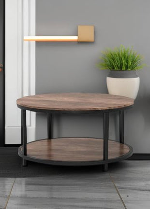36-Inch Round Coffee Table for Living Room, Two-Tier Rustic Wood Design with Storage Shelf, Modern Home Furniture in Light Walnut