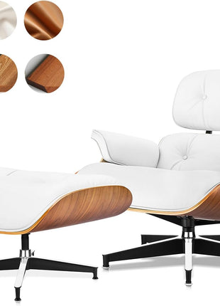 Mid-Century Modern Top Grain Leather Chaise Lounge Chair and Ottoman with Durable Base Support, Walnut and White Finish for Living Room, Study, or Office