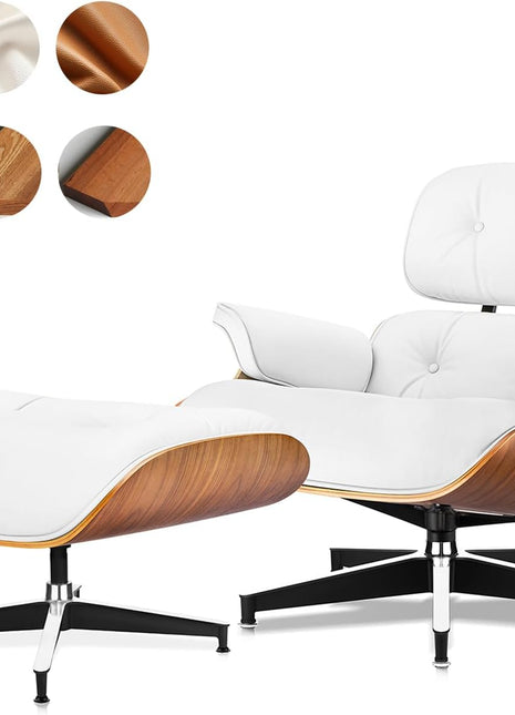 Mid-Century Modern Top Grain Leather Chaise Lounge Chair and Ottoman with Durable Base Support, Walnut and White Finish for Living Room, Study, or Office