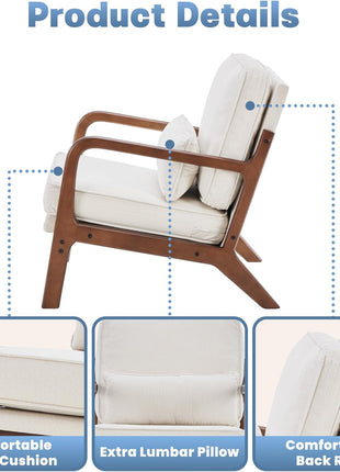 Set of 2 Mid-Century Modern Accent Chairs with Armrests and Cushions, Perfect for Living Room and Bedroom, Solid Wood Frame, Cream Finish