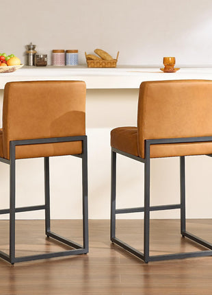 Contemporary Set of 2 Counter Height Bar Stools, 25" Brown Faux Leather with Back, Durable Metal Legs, Upholstered Checkered Design for Kitchen Island