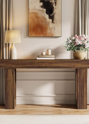 63-Inch Rectangular MDF Wood Grain Console Table for Living Room, Entryway, and Hallway in Rustic Brown Finish