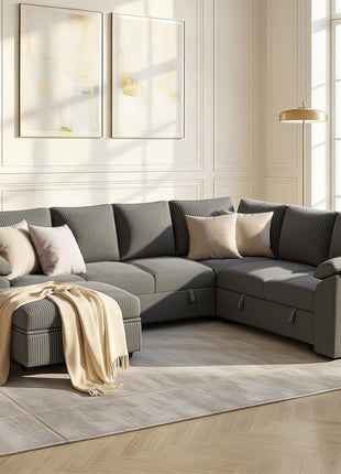 108-Inch U-Shaped Modular Sectional Sleeper Sofa Bed, 7-Seat Design with Storage, Corduroy Fabric, Removable Cover, Dark Grey