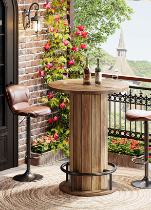 39.4-Inch Wood Bistro Pub Table with Metal Ring Footrest for Dining and Living Areas, Brown Finish