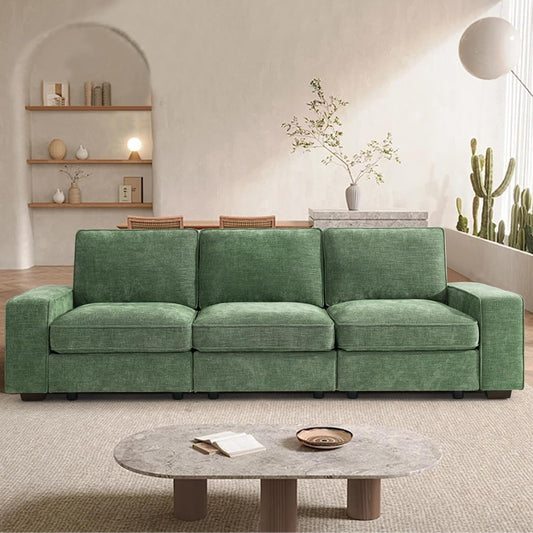 100" Modular Sofa with Seats Storage, Comfy 3-Seater Chenille Fabric Couch for Living Room, Office, Apart W/Deep Seat, USB Charging, Upholstered Couch with Removable Cover(Green)