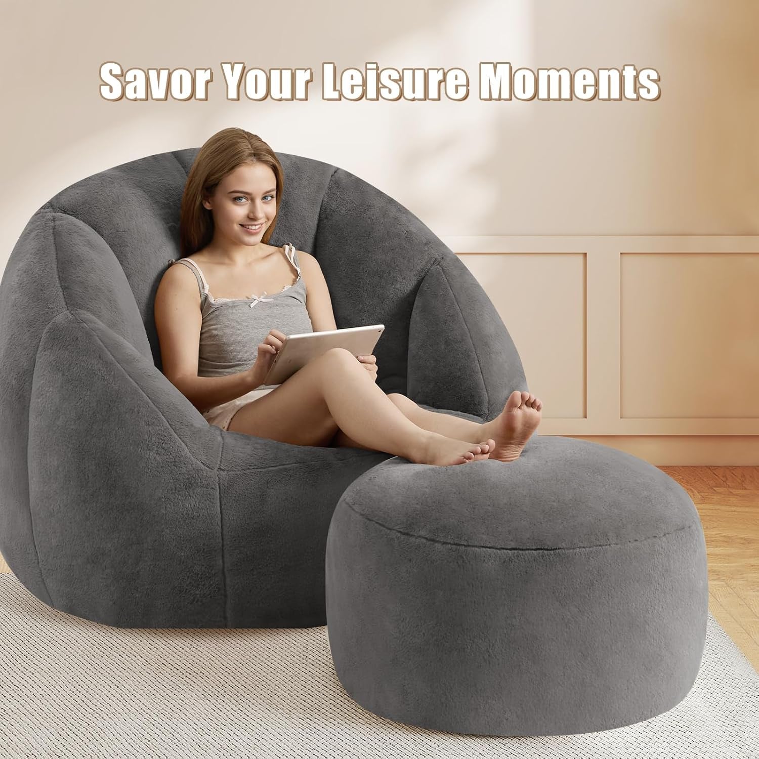 Round Stuffed Pouf Ottoman for Foot Rest, a round Modern Foam Filled Poufs, Floor Chair for Living Room, Nursery, Dorm, a Soft Modern Foot Stool Perfect to Rest Your Feet (Grey, 20Inch)