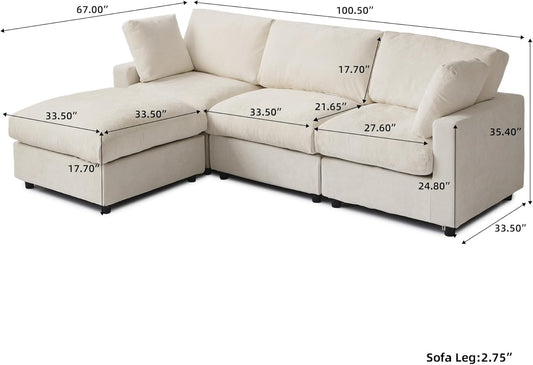 Modular Sectional Cloud Couch Modern L Shaped Sofa with Ottoman, 100 Inch 3-Seat Chenille Deep Seat Couches for Living Room, Bedroom and Apartment，Beige