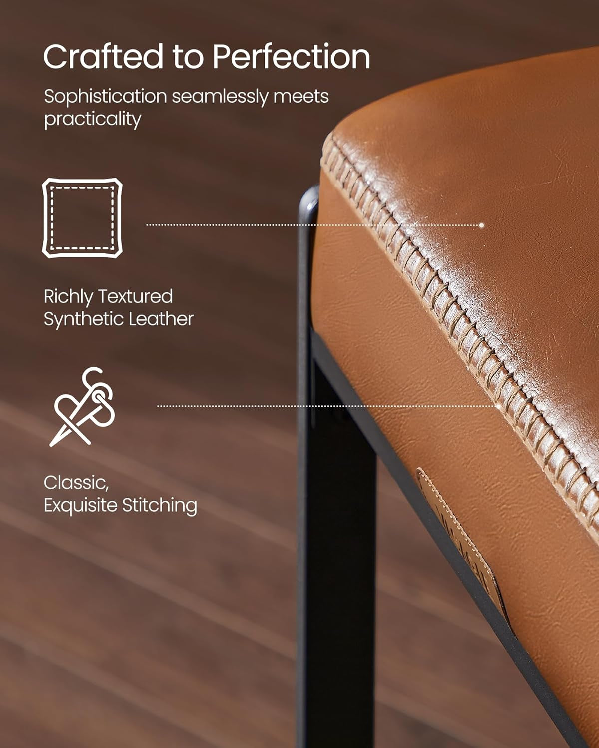 EKHO Collection - Bar Stools Set of 2, Counter Height Bar Stools, Synthetic Leather with Stitching, Mid-Century Modern Counter Stools, 26-Inch Tall, Kichen Home Bar Dining Room, Caramel Brown