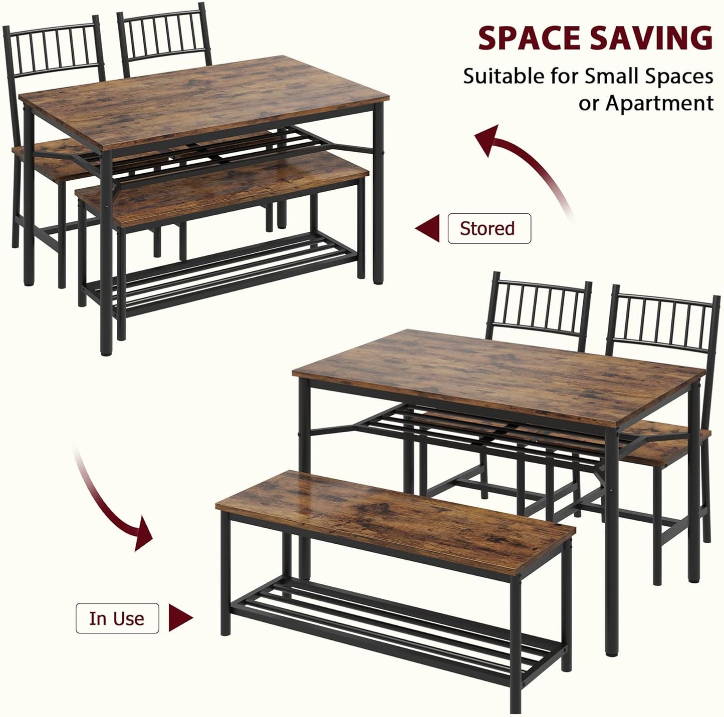 Dining Table Set for 4 with Bench and Chairs, 4-Piece Kitchen Table Set with Storage – Space-Saving Dining Table for Apartments and Dining Rooms, Brown