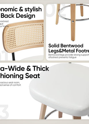 Set of 2 Mid-Century Modern Natural Rattan Bar Stools with Upholstered PU Leather, 26” Counter Height, Backrest, Wood Legs, and 360° Swivel for Kitchen Island, Dining Room, and Bar (White)