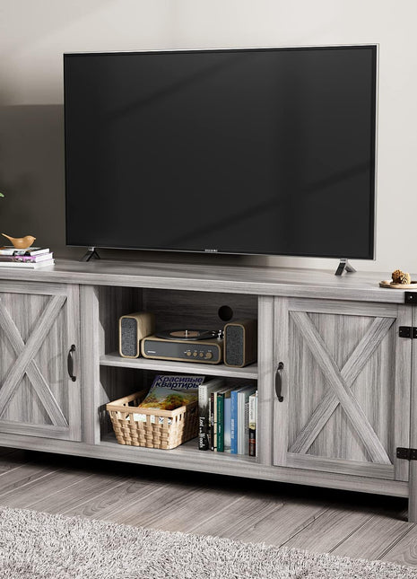 Contemporary Farmhouse TV Stand with Dual Barn Doors and Storage Cabinets for Televisions up to 65 Inches, 58-Inch Entertainment Center Console in Gray Wash Finish