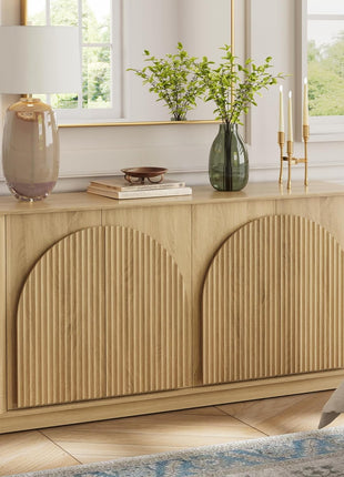 65-Inch Contemporary Fluted Sideboard Buffet Cabinet with Double-Layered Arch Doors, Oak Wood Accent Console for Living Room, Dining Room, Hallway, and Entryway