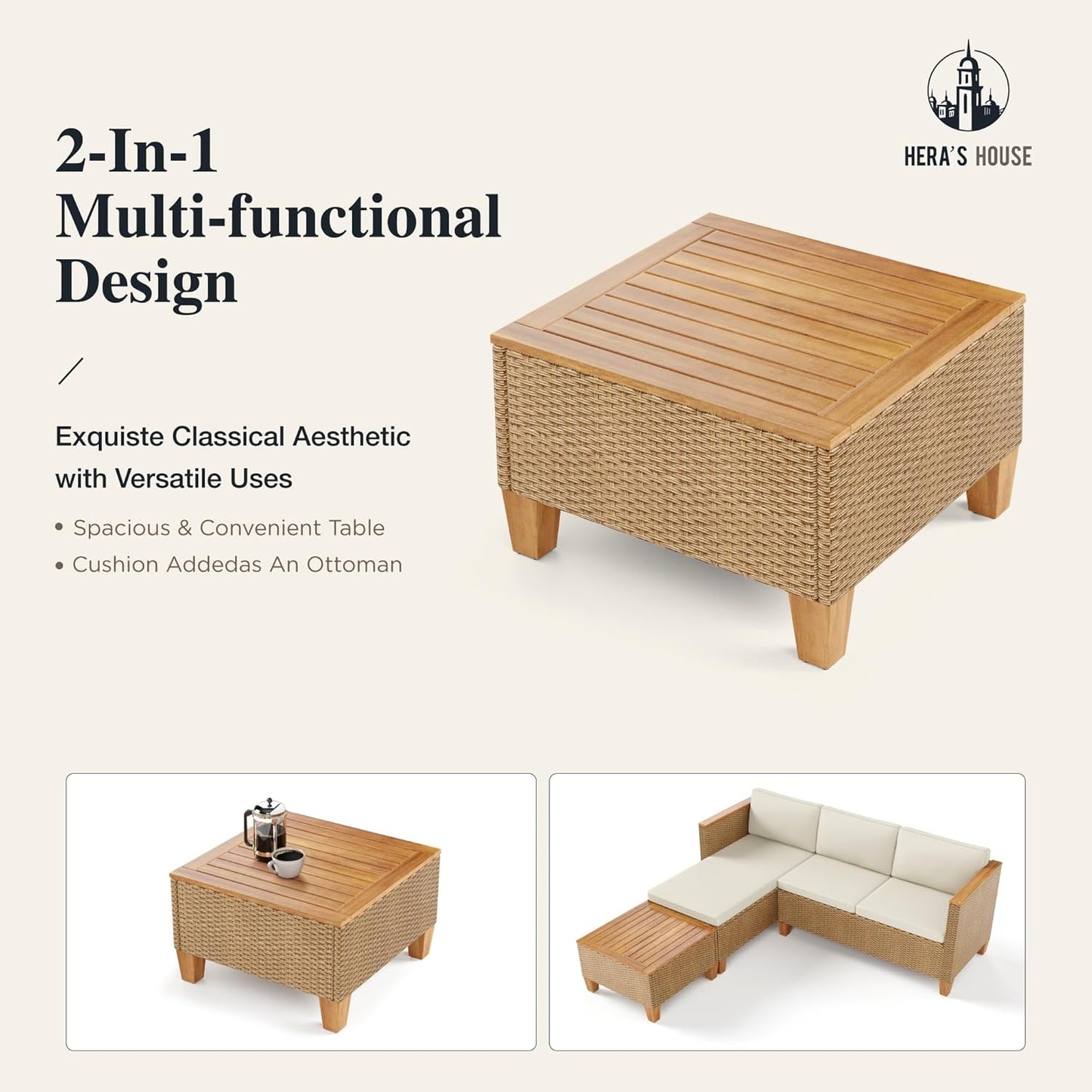 Small Patio Furniture Set, 3 Pieces Wicker Outdoor Sectional Sets,Yellow Rattan Conversation Set with Sofa and Coffee Table for Garden and Backyard, L Shape Boho Balcony Couch Sets