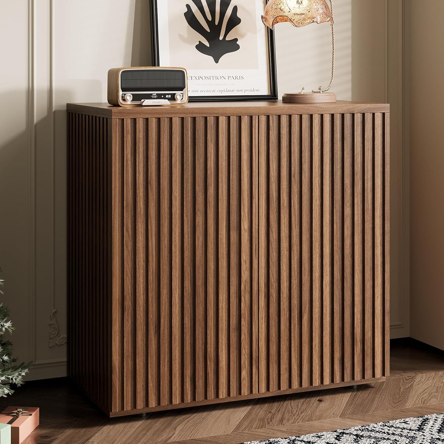 Fluted Sideboard Cabinet, Buffet Cabinet with Storage, Credenza Storage Cabinets with Adjustable Shelf, Wood Entryway Cabinets with Pop-Up Doors for Living Room, Entryway, Hallway, Walnut