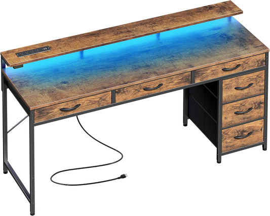 Gaming Desk with 6 Drawers, Computer Desk with LED Lights Power Outlets and Type-C, 55 Inch Office Desk with Storage, Monitor Stand, Writing Desk Work Desk for Home Office, Study, Rustic Brown