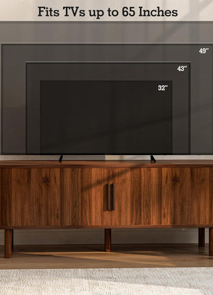 Contemporary TV Stand for Up to 60-Inch TVs, Entertainment Center with Sliding Doors and Adjustable Shelving, Walnut Finish, Perfect for Living Room and Bedroom Storage