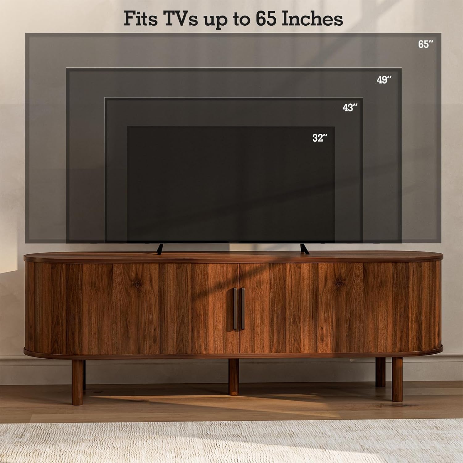 TV Stand for Tvs up to 60 Inch, Entertainment Center with Sliding Doors and Adjustable Shelf, Modern TV Console with Storage for Living Room, Bedroom, Walnut