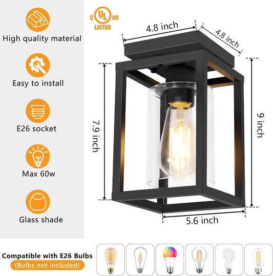 Semi Flush Mount Ceiling Light Fixture, Black Metal Frame Porch Ceiling Light Fixture with Clear Glass Shade and E26 Ceramic Base, Farmhouse Light Fixtures for Kitchen Entryway Foyer